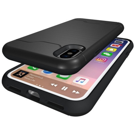 Противоударный чехол со слотом для кредитной карты на iPhone X/Xs Brushed Texture Protective Back Cover  черный