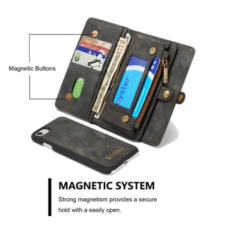 Кожаный чехол-кошелек CaseMe на iPhone SE 3/2 2022/2020/8/7  (Черный)