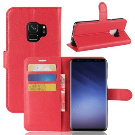 Кожаный чехол-книжка на Samsung Galaxy S9/G960 Litchi Texture со слотом для кредитных карт красный