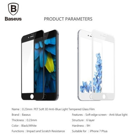 Защитное 3D Стекло на весь экран Baseus 0.23mm 9H Anti Blue-ray Black для iPhone 7 Plus/8 Plus
