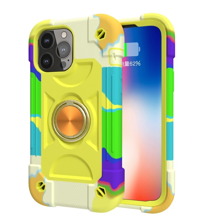Противоударный чехол Silicone with Dual-Ring Holder для iPhone 13 - Colorful Yellow Green 