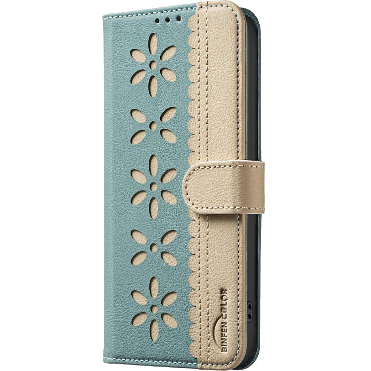 Розкішний передній бік чохла-книжки Splicing Color Hollow Flower Pattern RFID для Xiaomi Poco F7 5G в вишуканому зеленому кольорі з декором із вирізаних квітів Розкішний передній бік чохла-книжки Splicing Color Hollow Flower Pattern RFID для Xiaomi Poco F7 5G в вишуканому зеленому кольорі з декором із вирізаних квітів