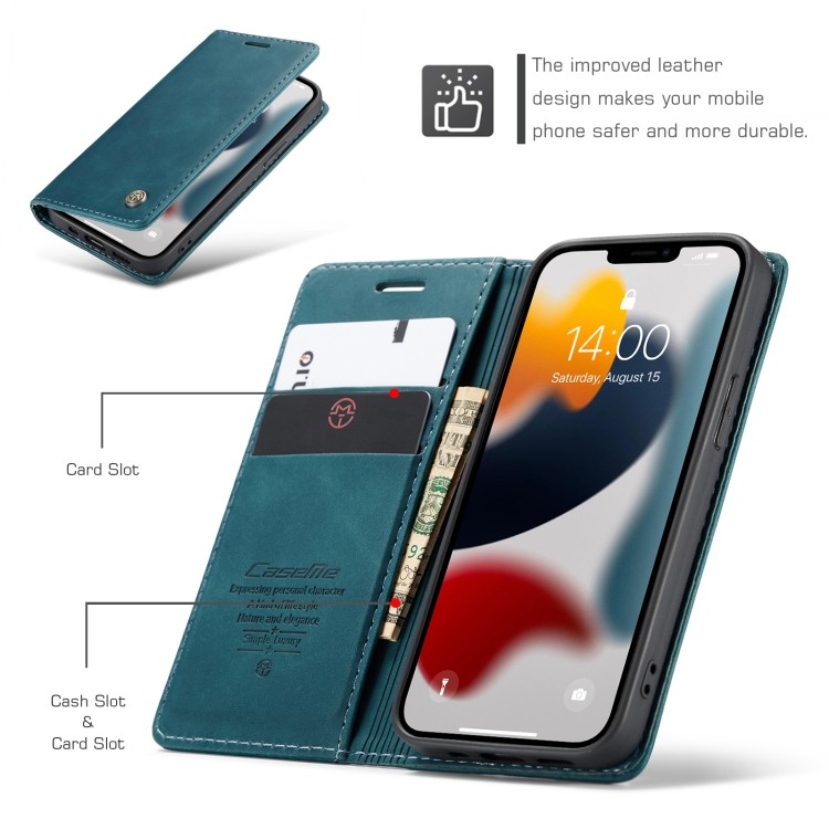 Кожаный чехол CaseMe-013 Multifunctional на Айфон 13 - синий 