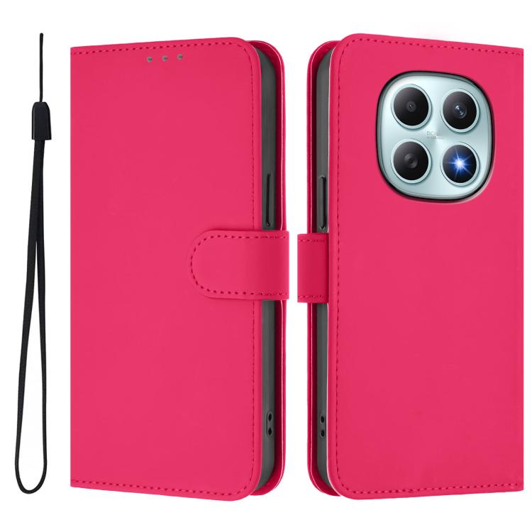 Чехол-книжка Skin Feel розово-красного цвета для Redmi Note 15 5G с магнитной застежкой и шнурком 