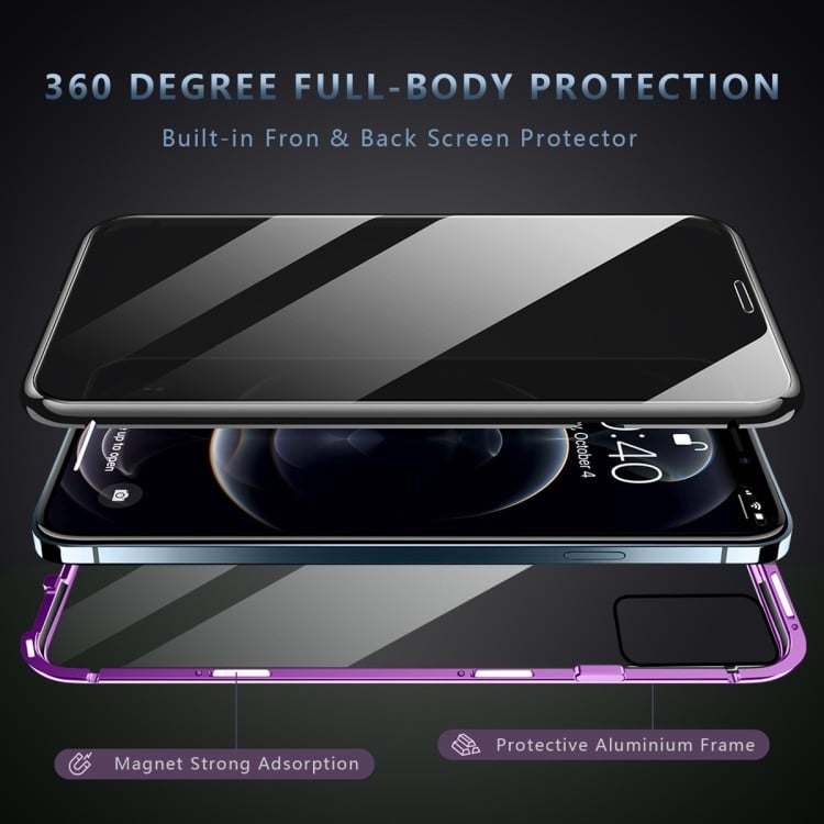 Двухсторонний стеклянный магнитный чехол R-JUST Four-corner для Айфон 12 Про Макс - фиолетовый 