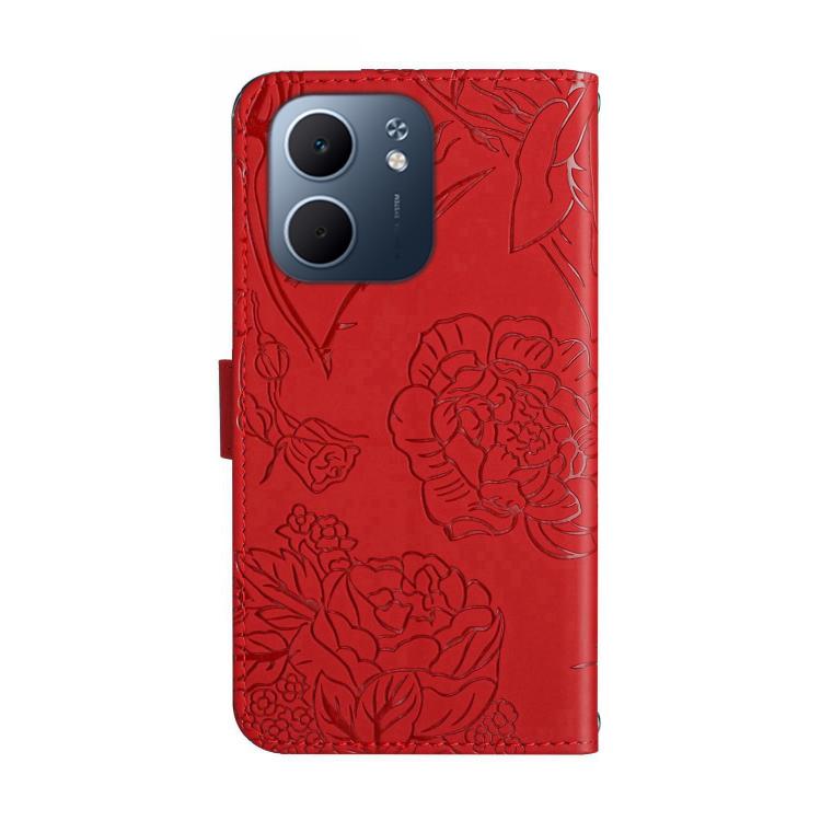 Детальний вигляд тиснення з трояндами і метеликами на червоній поверхні Детальний вигляд тиснення з трояндами і метеликами на червоній поверхні