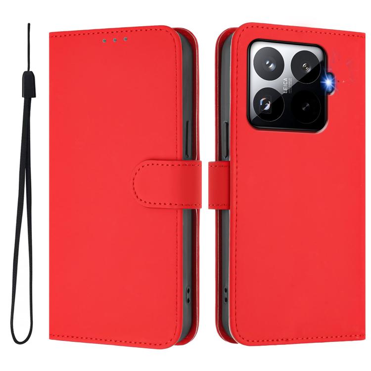  Красный чехол-книжка Skin Feel для Xiaomi 15T Pro 5G с магнитной застежкой и съемным шнурком 