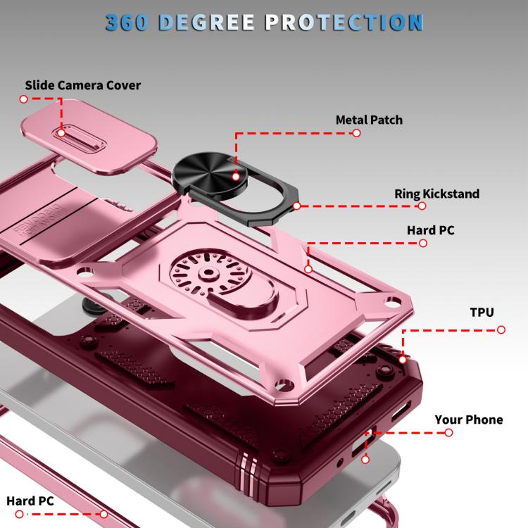 Конструкция 360°: Slide Camera Cover, TPU + Hard PC, кольцо‑подставка и металлическая пластина 