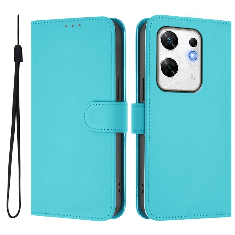 Чехол-книжка Skin Feel Solid Color Leather для Infinix Zero 30 4G в голубом цвете – вид спереди и сзади с ремешком для удобства 