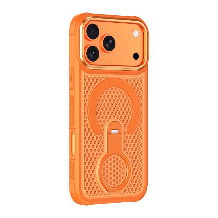  Магнитный чехол Colorful Hollowed Cooling для iPhone 18 Pro Max в оранжевом цвете &mdash; вид сбоку с кольцом-держателем  