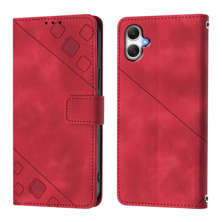 Елегантна книжка Skin-feel Embossed червоного кольору для Samsung Galaxy A07 4G з тисненим дизайном   Елегантна книжка Skin-feel Embossed червоного кольору для Samsung Galaxy A07 4G з тисненим дизайном