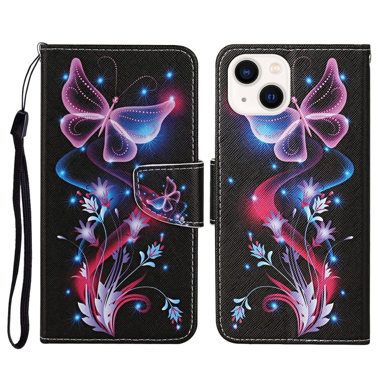 Чехол-книжка Colored Drawing Pattern с дизайном Fluorescent Butterfly для iPhone 14 Plus 
