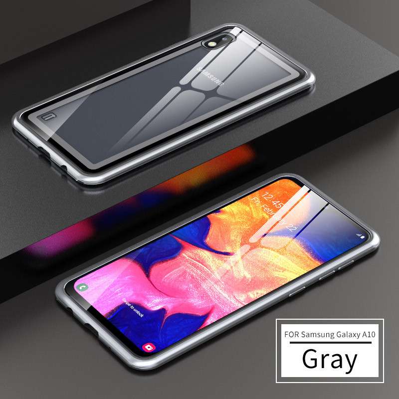 Ультратонкий противоударный металлический бампер+ каленое стекло на заднюю панель Anti-Scratch на Samsung Galaxy A10-серо-черный 