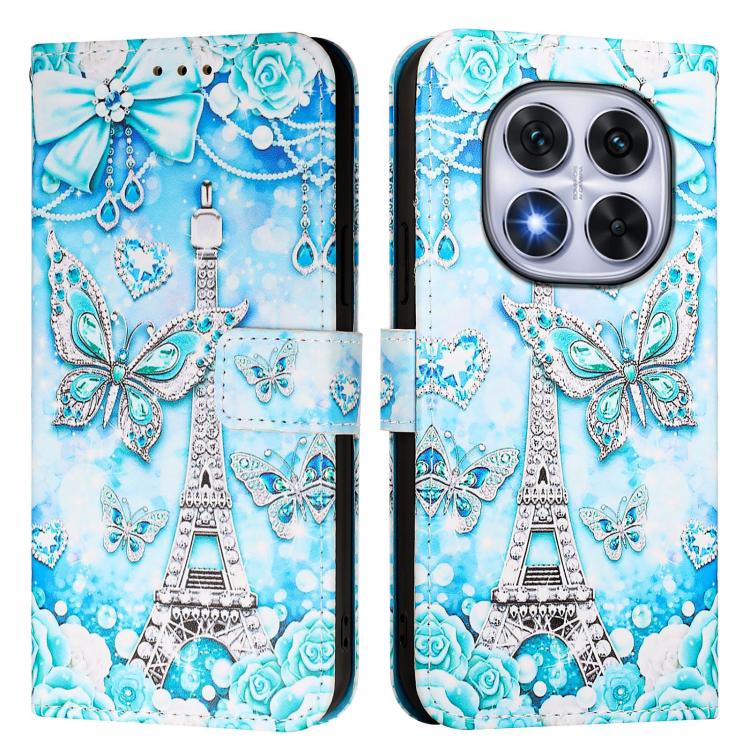  Элегантный чехол-книжка с узором бабочек и Эйфелевой башни в нежно-голубых тонах для Xiaomi Poco X7 5G  