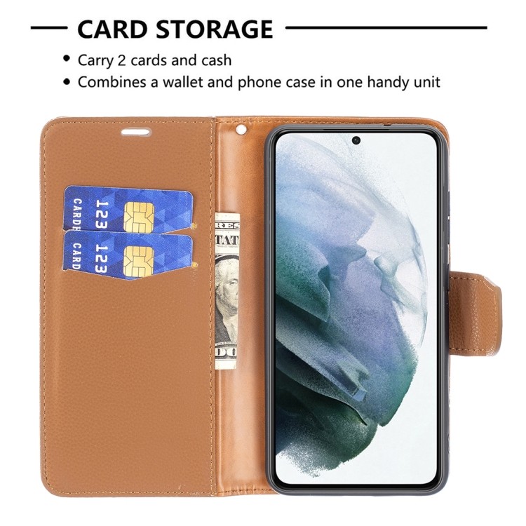 Чохол-книжка Litchi Texture Pure Color на Samsung Галаксі S21 FE - коричневий Чохол-книжка Litchi Texture Pure Color на Samsung Галаксі S21 FE - коричневий