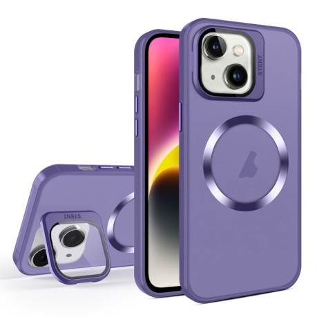 Противоударный чехол Skin Feel CD Texture MagSafe Lens Holder для iPhone 15 - фиолетовый