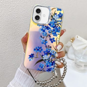 Чехол Electroplating Laser Flower Phone Case with Wrist Strap на iPhone 16 - Myosotis