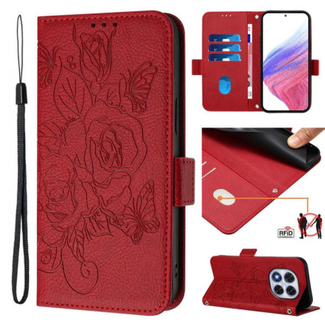 Чохол-книжка Embossed Rose RFID Anti-theft Leather для Xiaomi Redmi Note 14 Pro 5G/Poco X7 - червоний