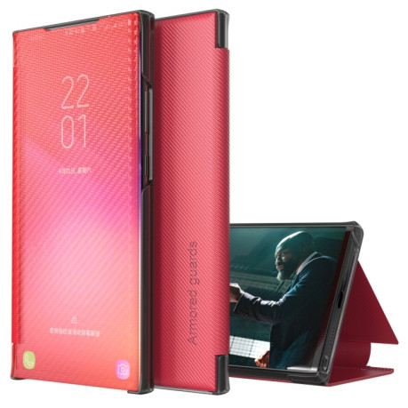 Чехол-книжка Carbon Fiber Texture View Time для Samsung Galaxy S22 Ultra 5G - красный