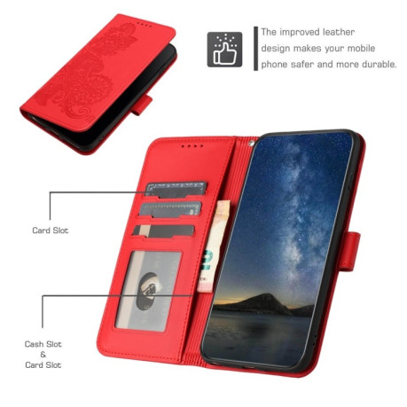 Чехол-книжка Embossed Flower Zipper Leather на Redmi Note 14 5G/Poco M7 Pro 5G - красный