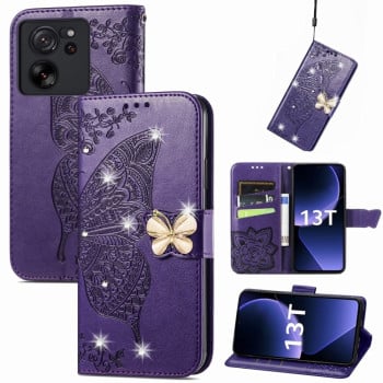 Чохол-книжка Rhinestones Butterfly Love Flower Embossed для Xiaomi 13T / 13T Pro - фіолетовий