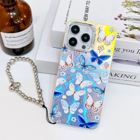 Протиударний чохол Electroplating Laser Butterfly Phone Case with Wrist Strap на iPhone 16 Pro Max - Blue Butterflies