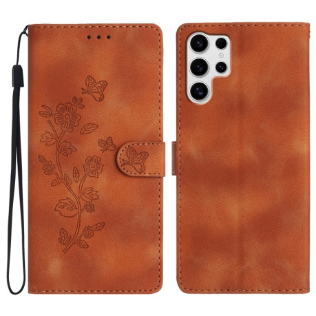 Чехол-книжка Flower Butterfly Embossing для Samsung Galaxy S25 Ultra 5G - коричневый
