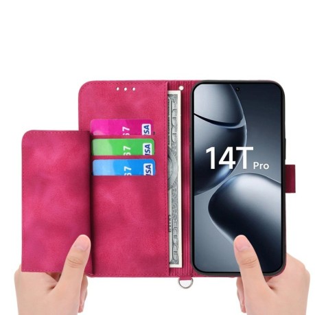 Чехол-книжка Skin-feel Flowers Embossed для Xiaomi 14T Pro - винно-красный