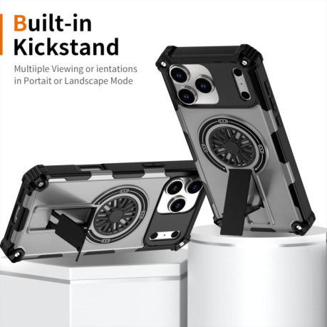 Противоударный чехол Shockproof Kickstand Metallic Shaft MagSafe на iPhone 17 Pro - серебристый