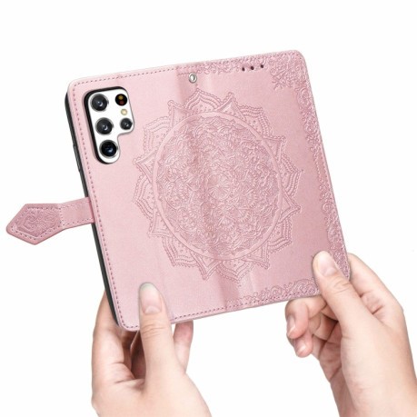 Чехол-книжка Mandala Embossing Pattern на Samsung Galaxy S22 Ultra - розовое золото