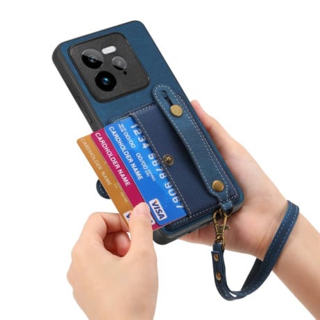 Противоударный чехол Retro Cross Wristband Wallet Leather для Realme GT 7 Pro - синий