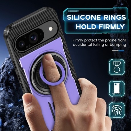 Противоударный чехол Ring Holder Carbon Fiber PC Hybrid TPU для Google Pixel 9 / 9 Pro - фиолетовый