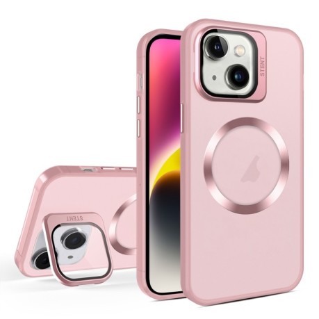 Противоударный чехол Skin Feel CD Texture MagSafe Lens Holder для iPhone 15 - розовый
