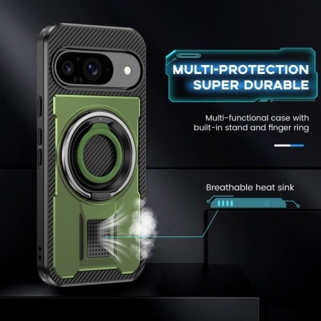 Протиударний чохол Ring Holder Carbon Fiber PC Hybrid TPU для Google Pixel 9/9 Pro - зелений