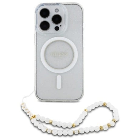 Оригинальный чехол Guess IML Glitter With Pearl Strap MagSafe для iPhone 16 Pro Max - Clear