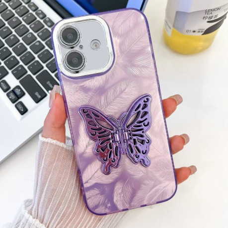 Чохол протиударний Plating Glitter Texture Butterfly для iPhone 16 - Purple Feathers