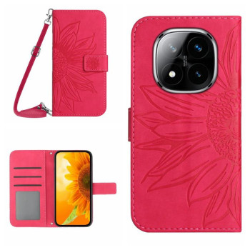 Чехол-книжка Skin Feel с рисунком подсолнуха на Redmi Note 14 Pro 4G - пурпурно-красный