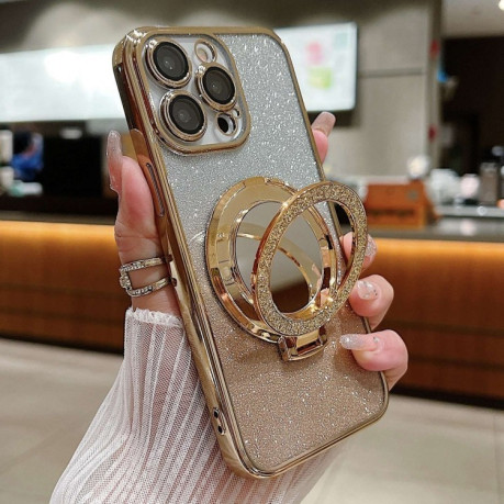 Чехол Plated Mirror Holder Gradient Glitter MagSafe на iPhone 16 Pro - золотой