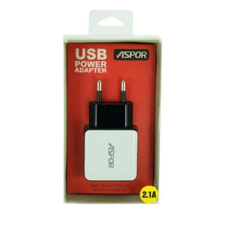 Сетевое Зарядное Устройство на 2 USB Порта Aspor 2.1A White