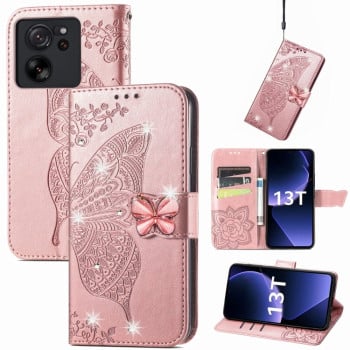 Чохол-книжка Rhinestones Butterfly Love Flower Embossed для Xiaomi 13T / 13T Pro - рожеве золото