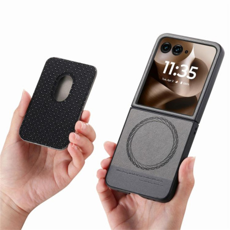 Противоударный чехол Twill Fabric Card Bag Ring Magnetic для Motorola Moto Razr 60 Ultra 5G - сірий