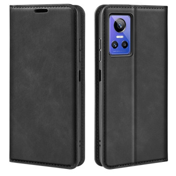 Чехол-книжка в стиле Retro мягкое покрытие Skin Feel деловой дизайн на Realme GT Neo 3 - черный