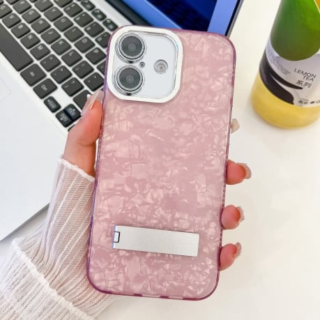 Протиударний чохол Plating Glitter Texture Fold Holder TPU Phone Case with Lens Film для iPhone 16 - Pink Shell Pattern