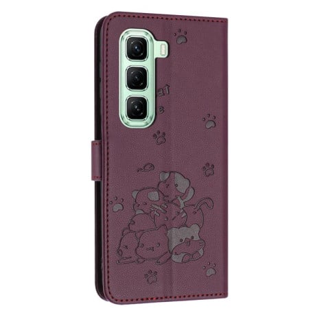 Чехол-книжка Embossed Kitten Phone Leather на Infinix Hot 60 Pro 4G - винно-красный