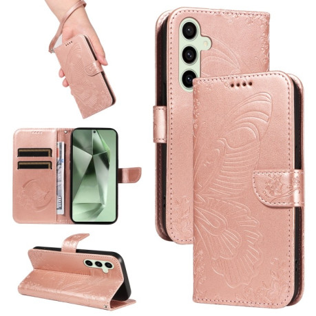 Чехол-книжка Swallowtail Butterfly Embossed Leather для Samsung Galaxy S24 FE 5G - розовое золото