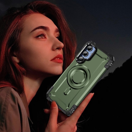 Противоударный чехол MagSafe Lens Holder PC Hybrid TPU для Samsung Galaxy A16 5G - зеленый