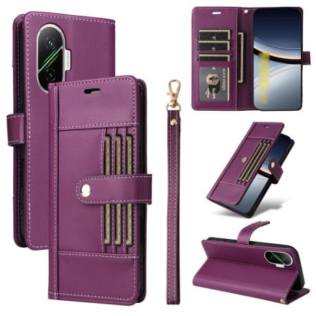 Чехол-книжка Six Card Slots Buckle Leather with Lanyard на на Xiaomi Poco F7 / Xiaomi Redmi Turbo 4 Pro - фиолетовый