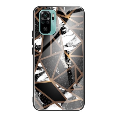For Xiaomi Redmi Note 10 Abstract Marble Pattern Glass Protective Case(Rhombus Black)