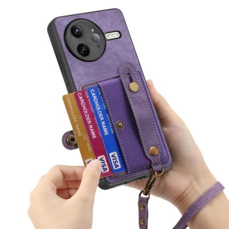 Противоударный чехол Retro Cross Wristband Wallet Leather для Xiaomi Poco F7 Ultra - фиолетовый