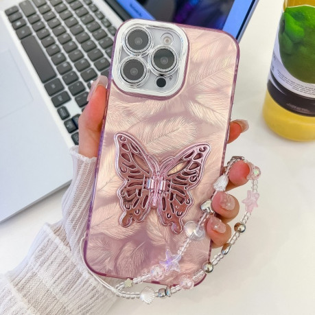 Протиударний чохол Plating Glitter Lens Film Texture Butterfly Holder Wristband для iPhone 16 Pro Max - Pink Feathers